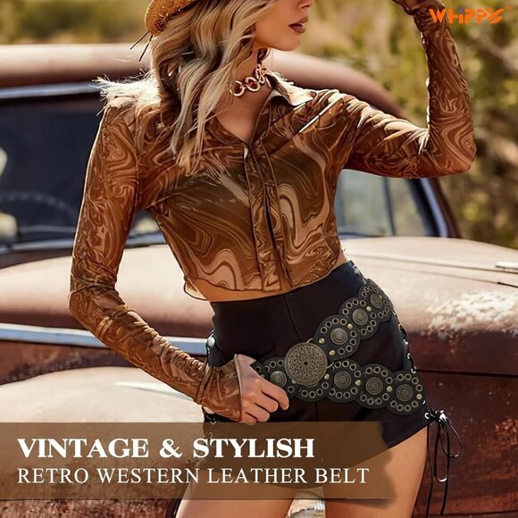 Women Vintage Disc Waist Concho Leather Belt Boho Waist Belt Black Bronze Buckle main image 5